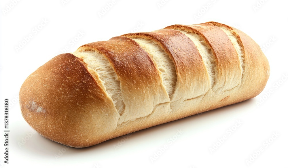Fresh, artisan-style loaf of bread. A long, oblong loaf, with visible golden-brown crust and light-colored interior, shows distinct, parallel cuts Fresh, artisan-style loaf of bread. A long, oblong loaf, with visible golden-brown crust and light-colored interior, shows distinct, parallel cuts