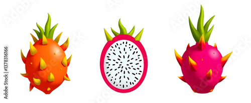 Obraz na płótnie Three colorful dragon fruits displayed, showcasing unique shapes and vibrant colors. cut out,isolated, transparent background w salonie