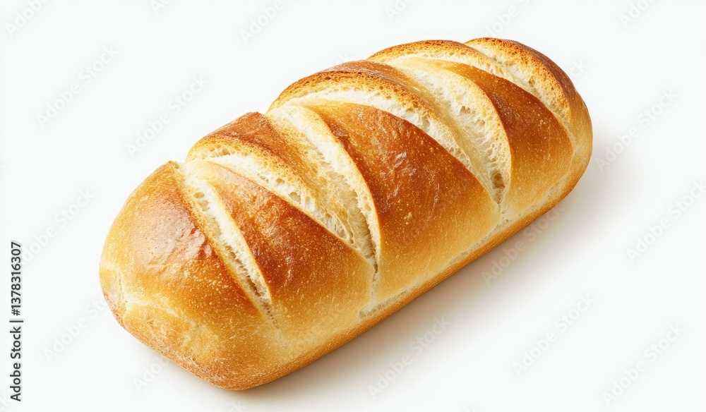 Freshly baked loaf of bread. A long, rectangular loaf with a golden-brown crust and a slightly raised, patterned top. Perfect for sandwiches or a simple meal Freshly baked loaf of bread. A long, rectangular loaf with a golden-brown crust and a slightly raised, patterned top. Perfect for sandwiches or a simple meal