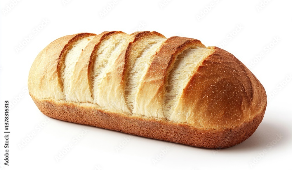 Freshly baked loaf of sliced bread. A whole, light-brown loaf, with visible golden-brown crust and evenly sliced top, placed on a plain white background Freshly baked loaf of sliced bread. A whole, light-brown loaf, with visible golden-brown crust and evenly sliced top, placed on a plain white background