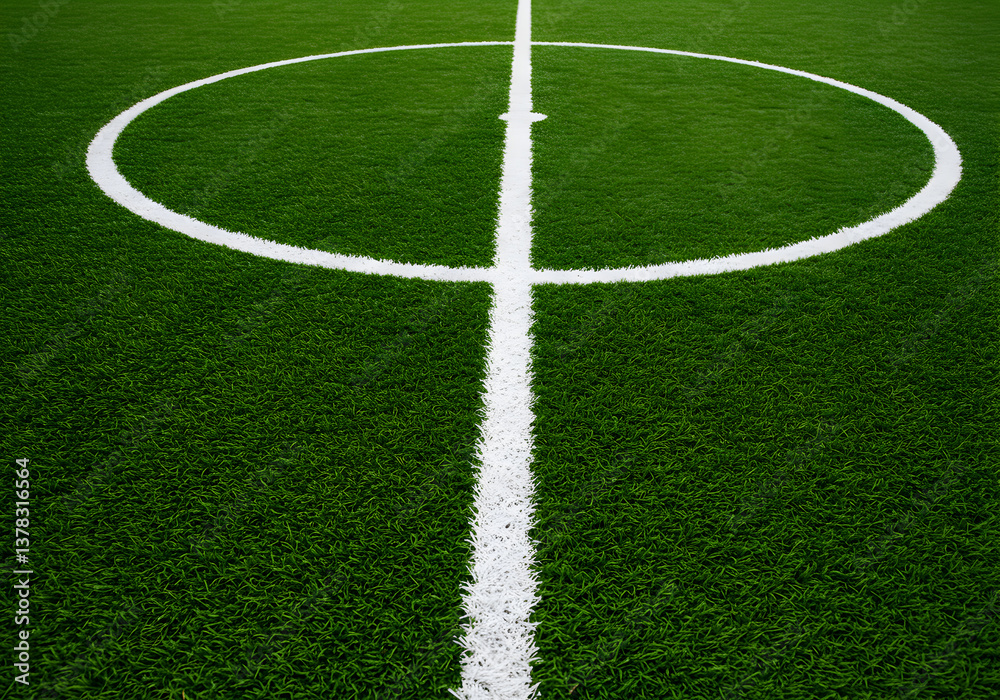 Obraz premium Lush Green Artificial Turf Soccer Field with Center Circle Markings