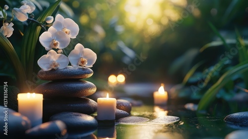A serene spa scene featuring a stack of smooth grey stones with white orchids balanced on top