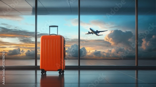 Orange suitcase stands by the window as an airplane takes off against a colorful sky at the airport