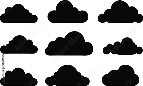 Cloud Icons Set Collection, Simple Black Silhouette on Transparent Background