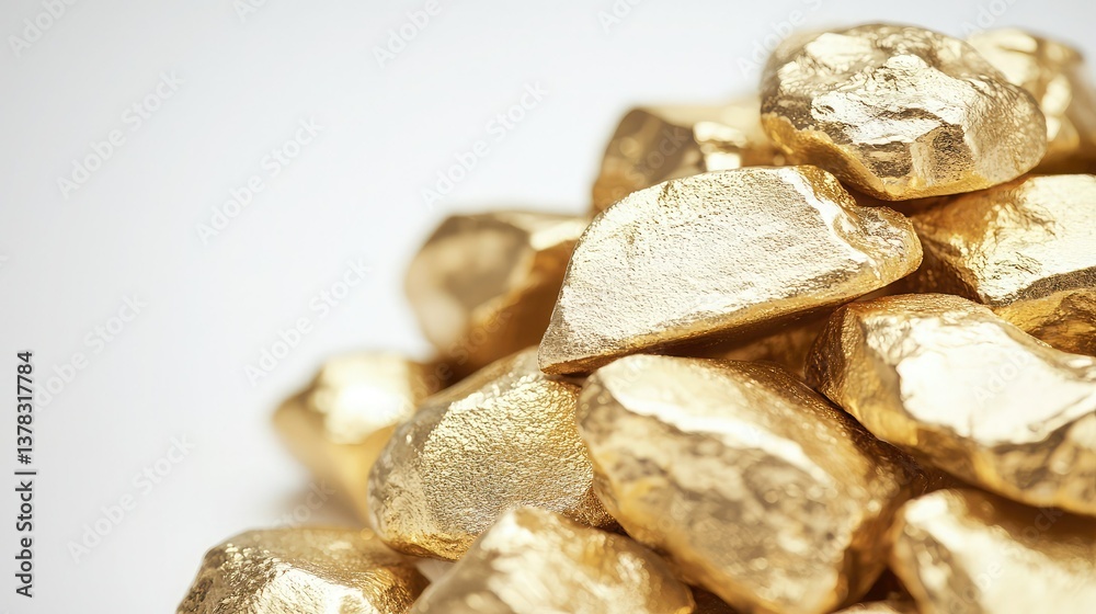 A close-up of shiny gold nuggets, showcasing their irregular shapes and metallic luster against a bright background. A close-up of shiny gold nuggets, showcasing their irregular shapes and metallic luster against a bright background.