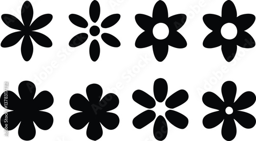Collection of Eight Black Floral Silhouette Graphics Isolated on Transparent Background