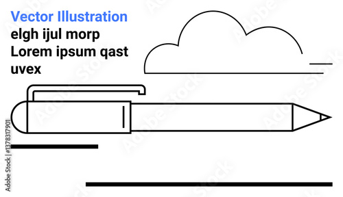 Pen with cap clip, cloud outline, and horizontal lines. Ideal for writing, creativity, education, simplicity, office work focus and modern design. Perfect for a simple landing page