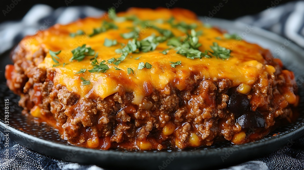 A delicious casserole made with ground meat and melted cheese A delicious casserole made with ground meat and melted cheese