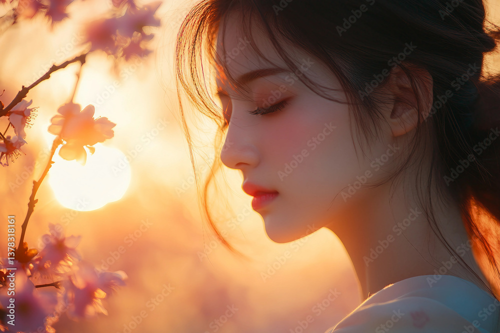 Fototapeta premium Silhouette of a person at sunset during spring in Japan, glowing orange sky and peaceful evening light, generative AI