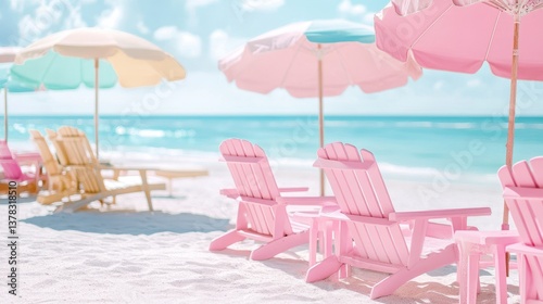 Pastel Pink Beach Chairs and Umbrellas on Sunny Shore