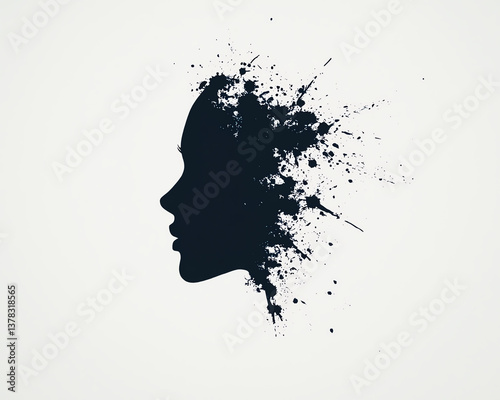 beautiful silhouette of woman profile is enhanced by paint splats creating artistic background pattern