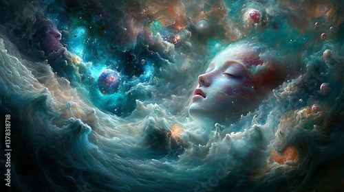 A serene face merges with swirling nebulae and ethereal cosmos