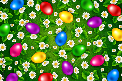 Easter banner with a field of colorful eggs in flowers