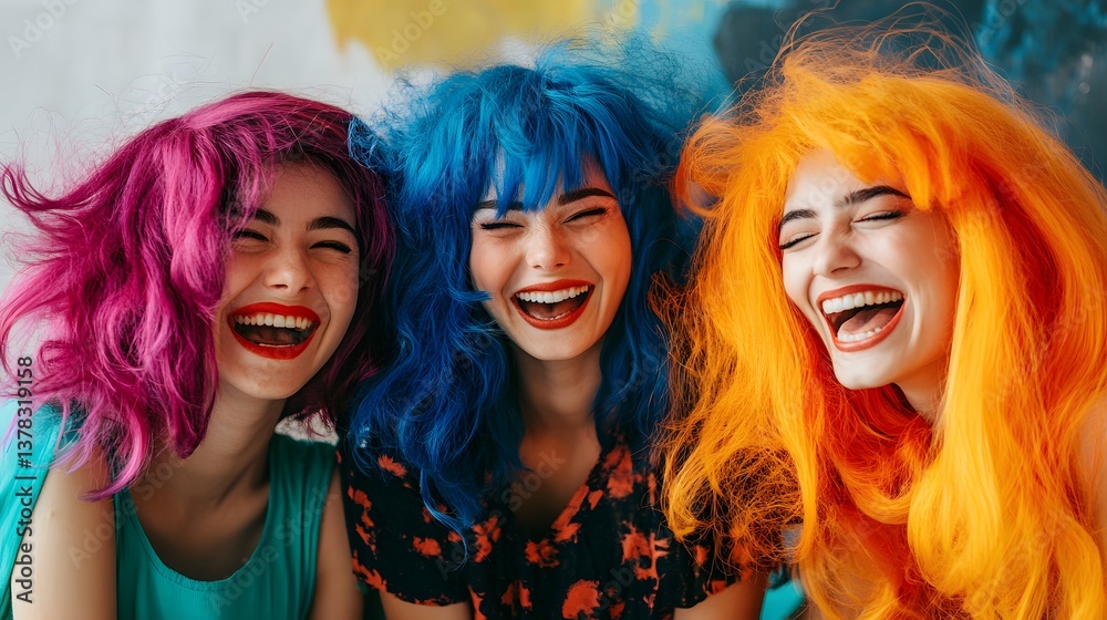 Naklejka premium Friends trying on Halloween wigs and laughing at their colorful transformations
