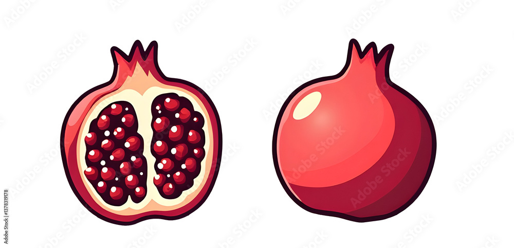 Illustration of a pomegranate, showing both whole and sliced views with visible seeds. cut out,isolated, transparent background