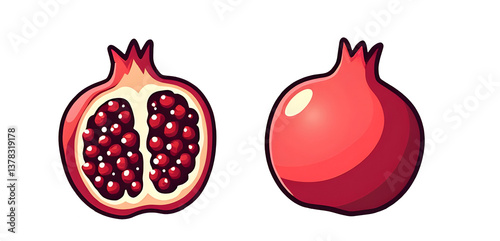Obraz na płótnie Illustration of a pomegranate, showing both whole and sliced views with visible seeds. cut out,isolated, transparent background w salonie