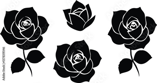 Four Black Roses with Transparent Background Floral Decorative Isolated Blooms