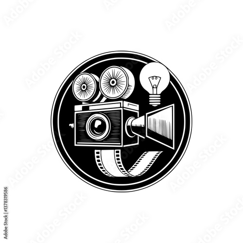 Retro Movie Making Logo: Film Camera, Bulb, and Filmstrip