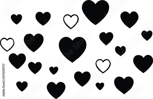 Heart Shaped Design with Love Theme featuring Black and Outline Hearts on White
