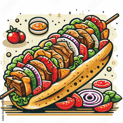 souvlaki, meat, greek, food, cuisine, meal, grilled, kebab, traditional, dinner, pork, chicken, background, lunch, grill, roasted, mediterranean, skewer, snack, plate, pita, onion, barbecue, dish, del