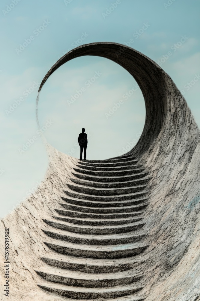 Solitary man facing the paradox of progress on an impossible staircase shaped like an infinite loop