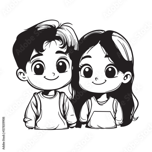  Cute Cartoon Boy and Girl Character in Black and White, Ideal for Kids' Illustrations