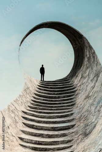 Obraz na płótnie Solitary man facing the paradox of progress on an impossible staircase shaped like an infinite loop w salonie