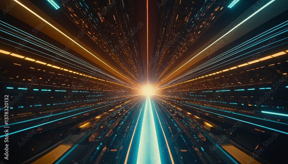 Fototapeta premium Digital Highway: An eye-level perspective plunges the viewer into a digital realm, with lines of light converging toward a bright, glowing center, embodying speed, technology, and futuristic design.