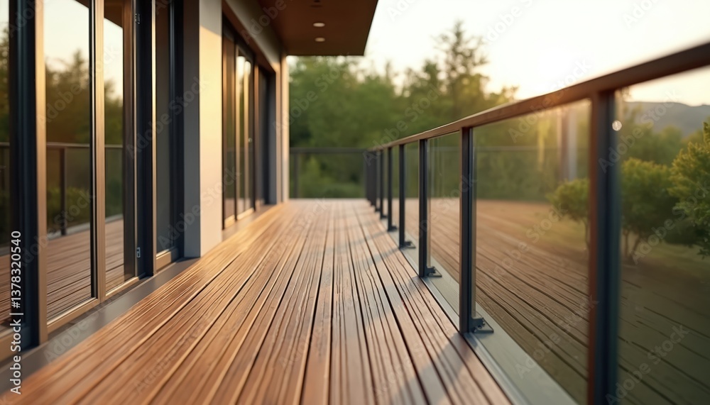 Obraz premium Modern apartment balcony view wooden deck grooved decking. Glass railing, sliding doors. Contemporary architecture design. Residential housing concept, urban living. Scenic view of nature at sunset.
