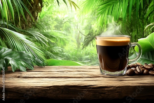A steaming glass of coffee on a wooden table in a forest