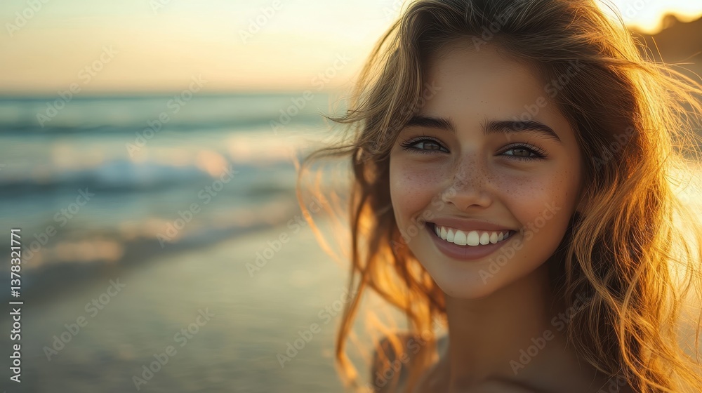 Smiling woman with freckles enjoys a warm sunset on a beautiful beach. Use this photo for summer travel, vacation, or skincare campaigns. Smiling woman with freckles enjoys a warm sunset on a beautiful beach. Use this photo for summer travel, vacation, or skincare campaigns.