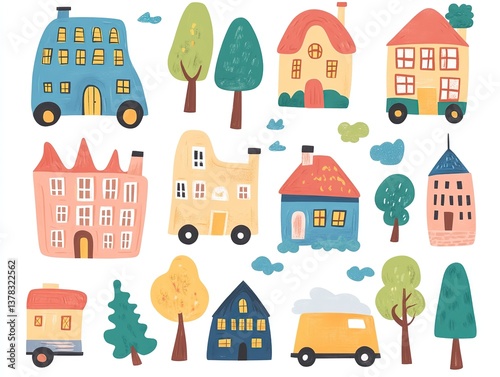 Set of cute cartoon houses, trees, and cars, illustrated in flat style.