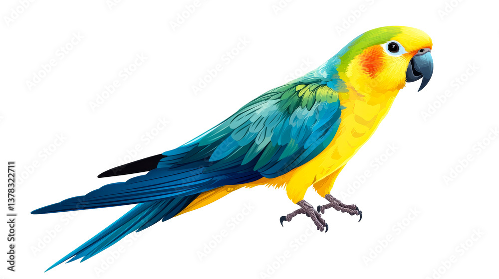 Obraz premium Tropical Ararauna parrot illustration on black background, cut out transparent