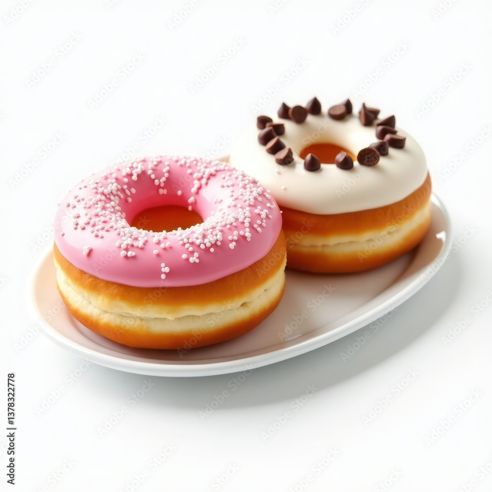 Two delicious donuts: one with pink frosting and sprinkles, the other with white frosting and chocolate chips. Two delicious donuts: one with pink frosting and sprinkles, the other with white frosting and chocolate chips.