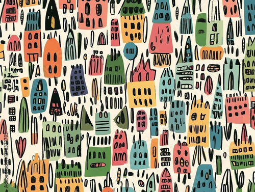 Pattern with cute hand drawn houses illustration.
