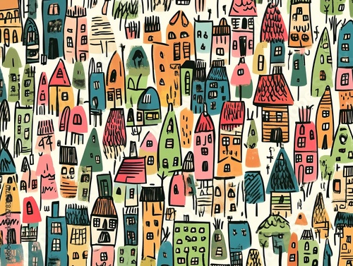 Pattern with hand drawn houses, illustration in doodle style.
