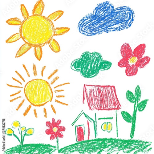 hand drawn doodle set of flowers, sun, cloud and house isolated on white background. A child's colorful drawing with a bright sun in the corner on a white paper. The drawing is simplistic and charming