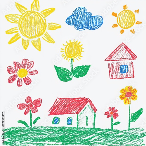 hand drawn doodle set of flowers, sun, cloud and house