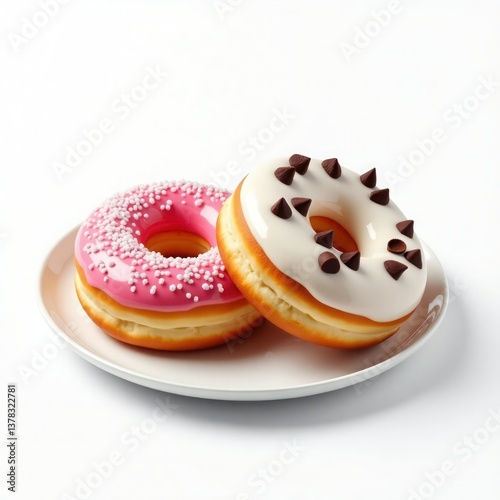 Two delicious donuts on a white plate, featuring pink icing with sprinkles and white icing topped with chocolate chips.