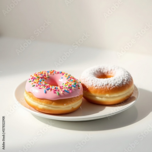 Two delicious donuts on a plate, featuring vibrant pink frosting with sprinkles and a powdered sugar variant.