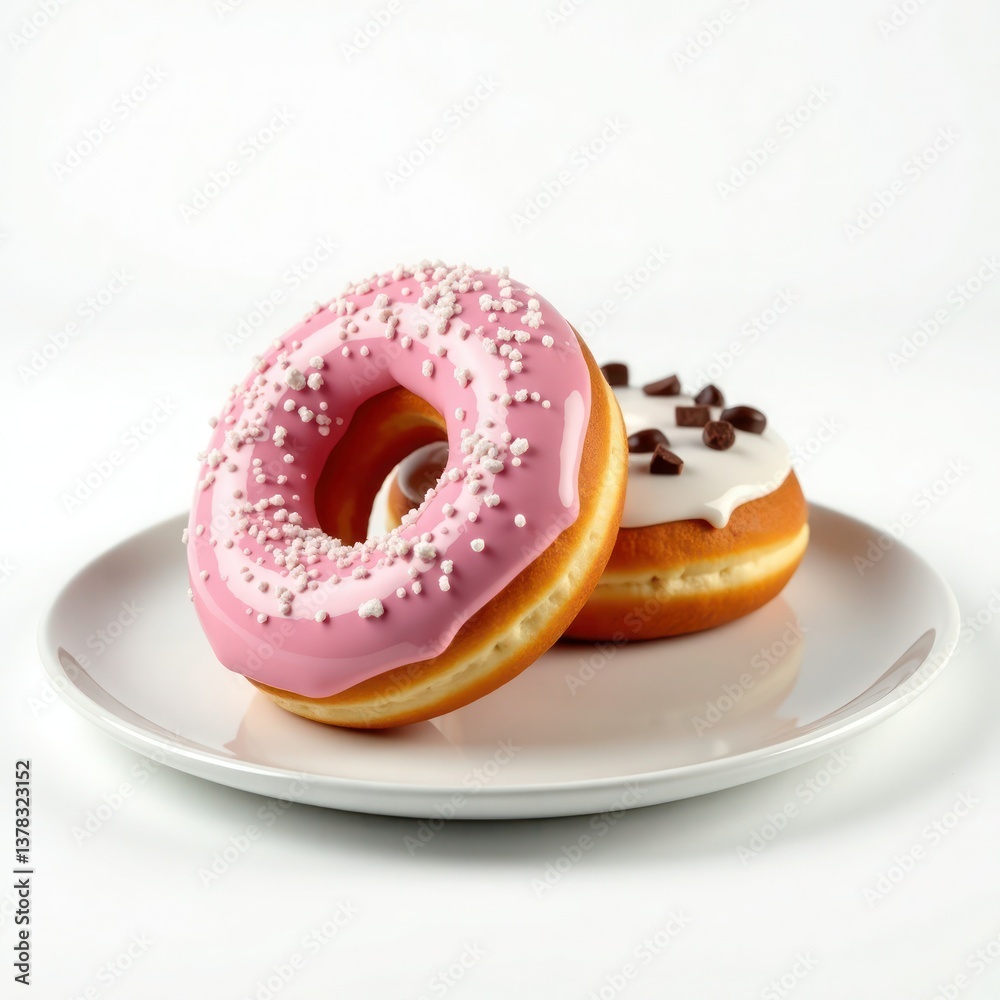 Two delicious donuts on a plate: one with pink icing and sprinkles, the other with white icing and chocolate chips. Two delicious donuts on a plate: one with pink icing and sprinkles, the other with white icing and chocolate chips.