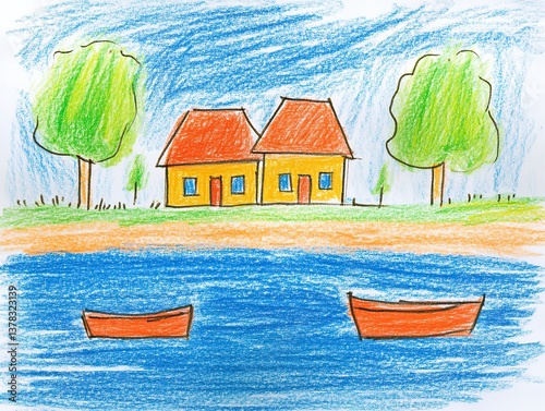 Drawing with colored pencils: houses and boats on the lake