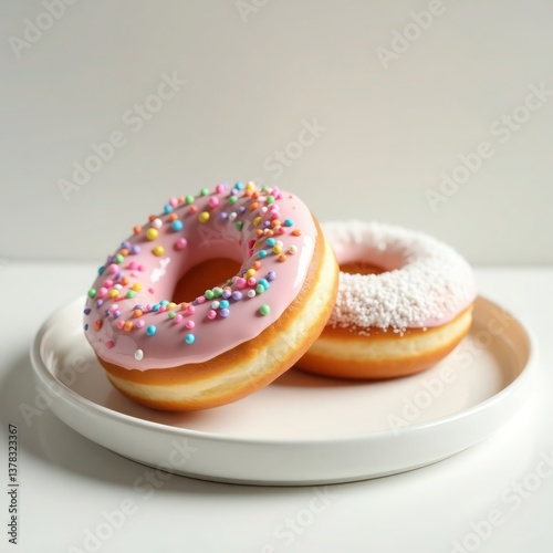 Two delicious donuts on a white plate, featuring pink icing with sprinkles and a white icing version, perfect for a sweet treat.