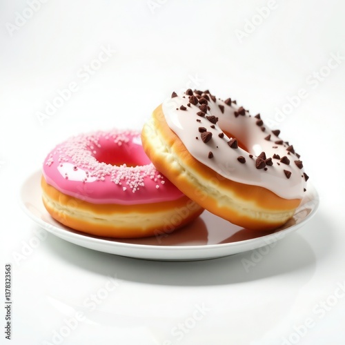 A delightful pair of colorful donuts, one with pink frosting and sprinkles, the other with white frosting and chocolate chips.
