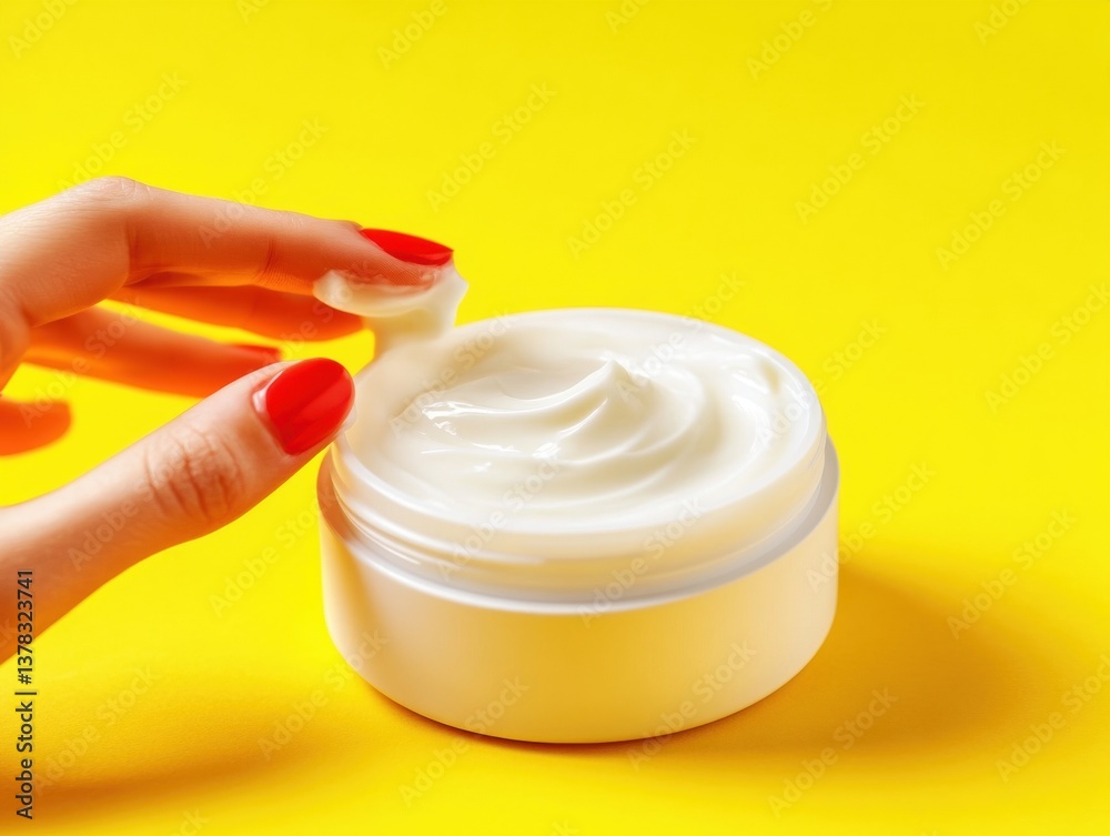 Moisturizing cream application on vibrant yellow background Moisturizing cream application on vibrant yellow background