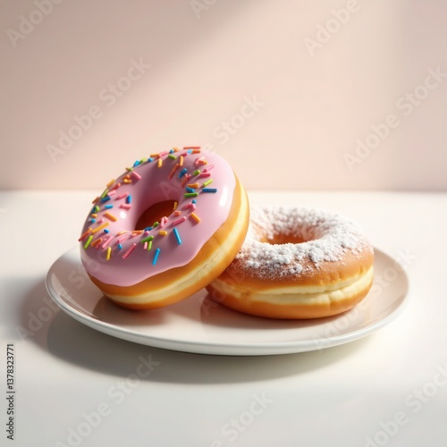Delicious pink glazed donut with sprinkles and a powdered sugar donut on a white plate.