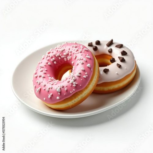Delicious pink and white frosted donuts with sprinkles, arranged on a clean white plate, capturing a playful and sweet atmosphere.
