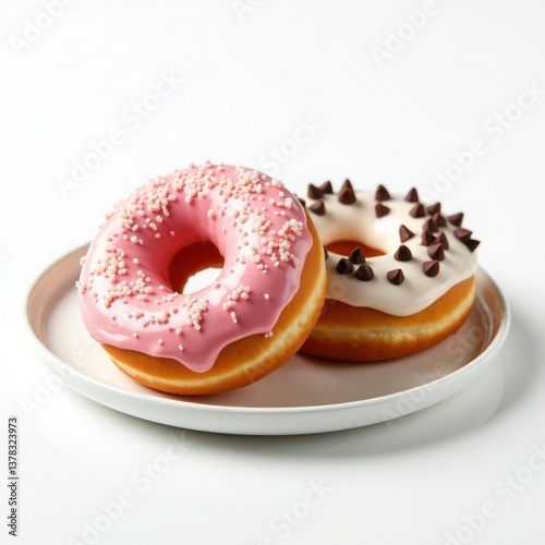 Delicious assorted donuts on a white plate, featuring a pink frosted donut with sprinkles and a chocolate chip topped donut.