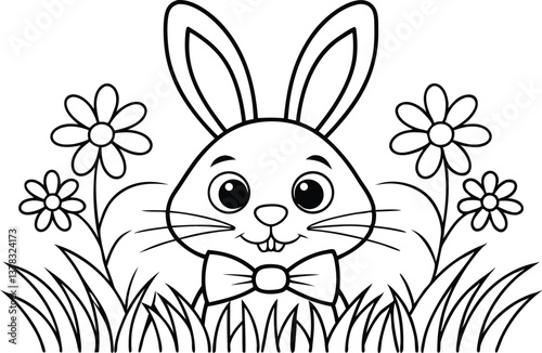 Smiling Bunny with Bow Tie amid Flowers and Grass in Outline Style on Transparent Background