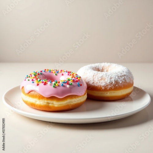 Two delicious donuts on a white plate: one with pink icing and sprinkles, the other powdered with sugar.